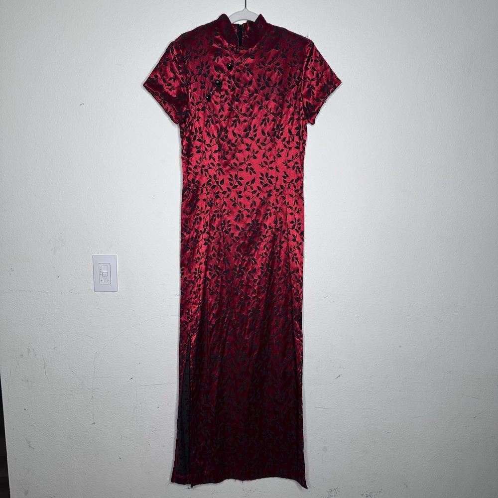 Vintage 90s Dawn Joy Vampy Red Black Brocade Cheongsam Maxi Dress Goth Size 14
